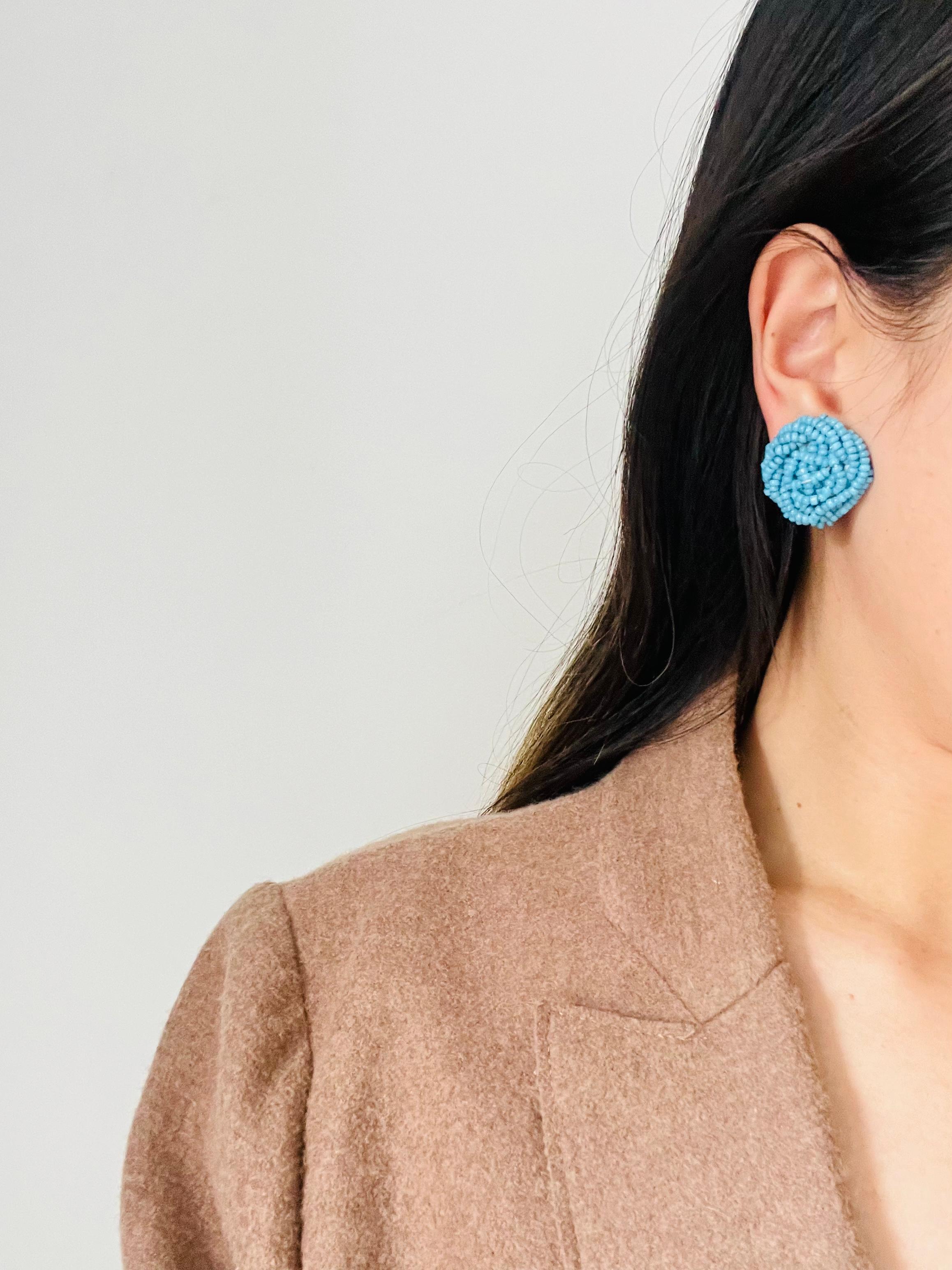 Christian Dior 1963 Vintage Beads Aqua Light Blue Twist Knot Circle Earrings For Sale 1
