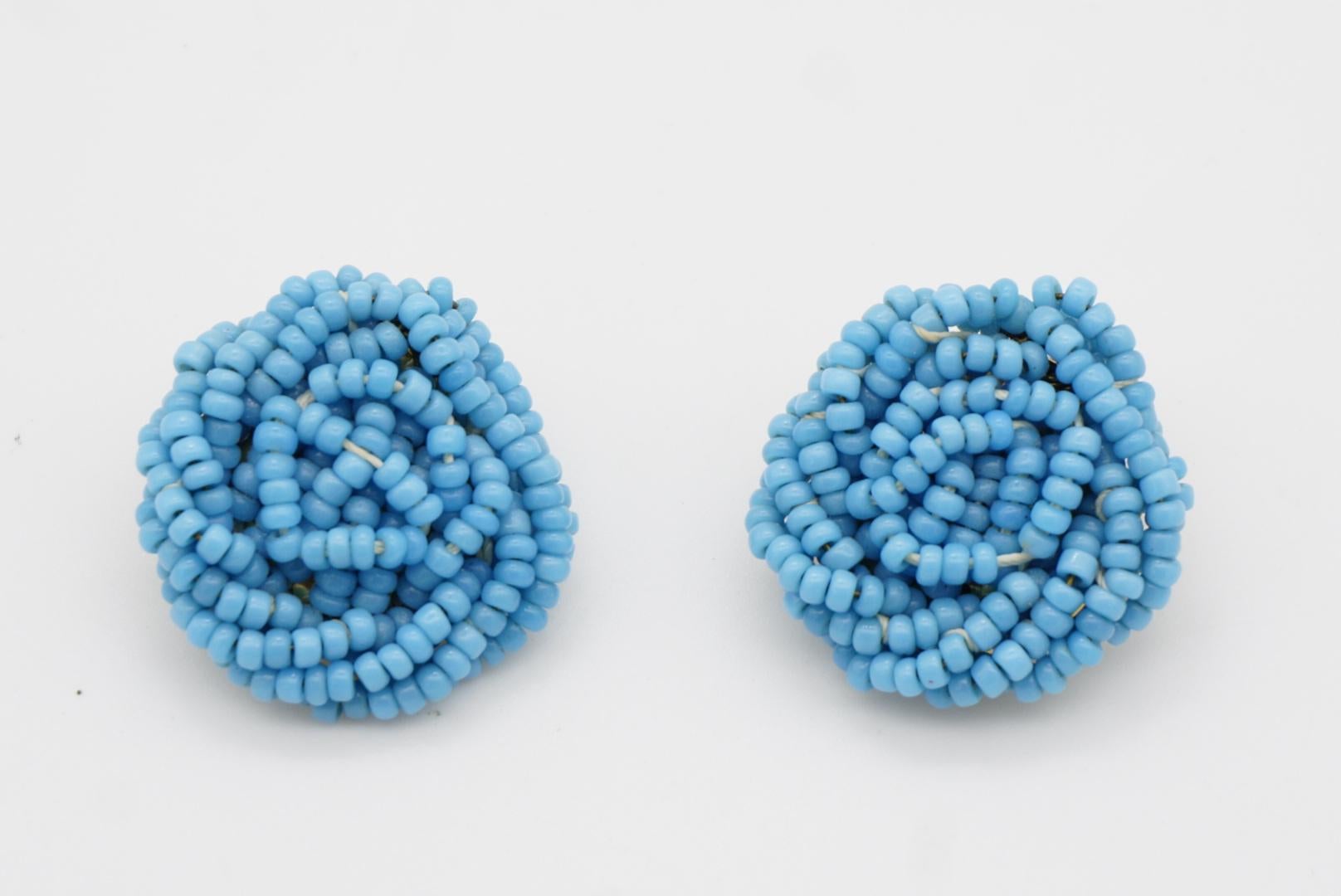 Christian Dior 1963 Vintage Beads Aqua Light Blue Twist Knot Circle Earrings 2