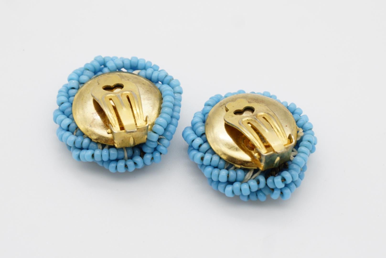Christian Dior 1963 Vintage Beads Aqua Light Blue Twist Knot Circle Earrings 3