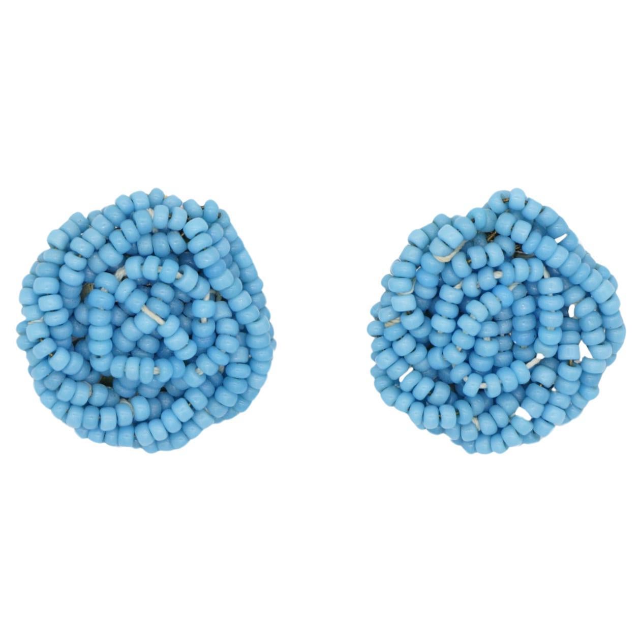 Christian Dior 1963 Vintage Beads Aqua Light Blue Twist Knot Circle Earrings For Sale