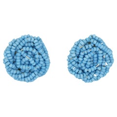 Christian Dior 1963 Vintage Beads Light Blue Woven Twist Knot Circle Earrings