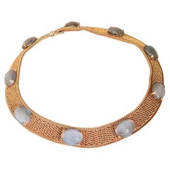 Christian Dior 1964 Vintage Grey Oval Moonstone Mesh Woven Necklace