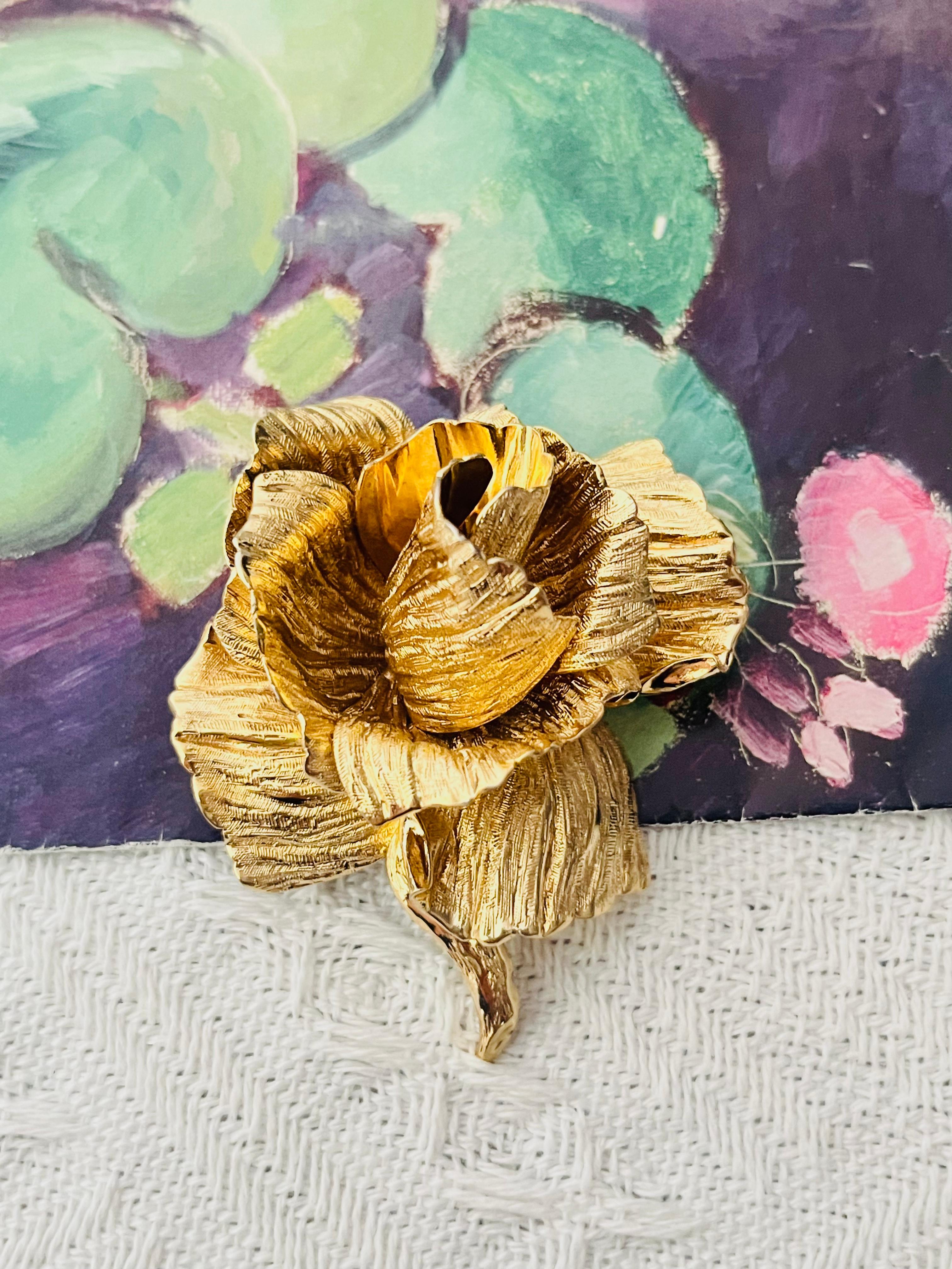Art Deco Christian Dior 1964 Vintage Large 3D Blossom Rose Flourish Flower Gold Brooch For Sale