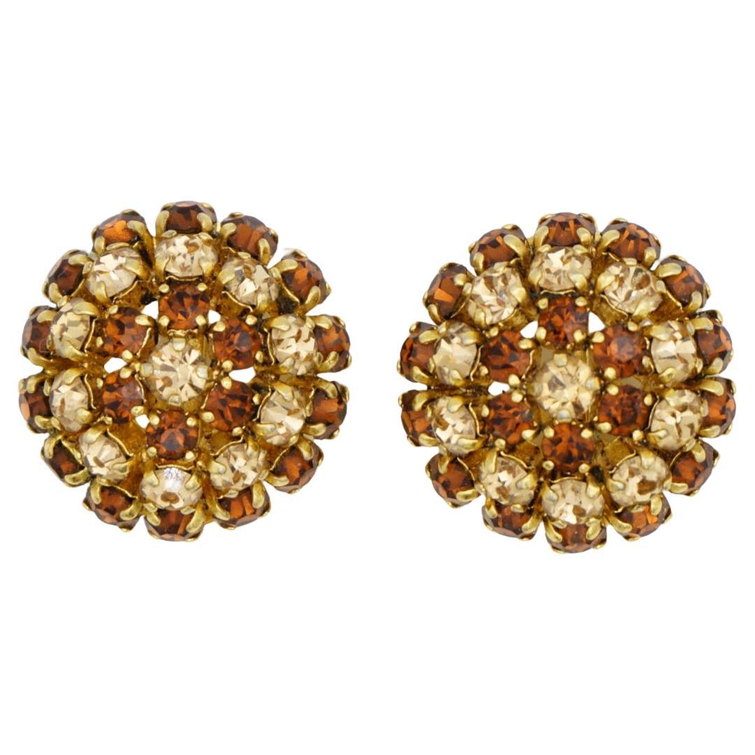 Christian Dior 1965 Vintage Crystals Domed Openwork Citrine Sparkling Earrings For Sale