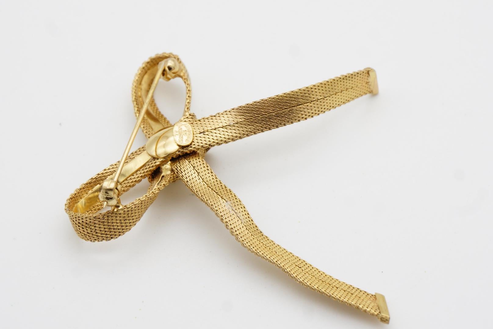Christian Dior 1965 Vintage Long Knot Bow Ribbon Star Relief Mesh Gold Brooch 6