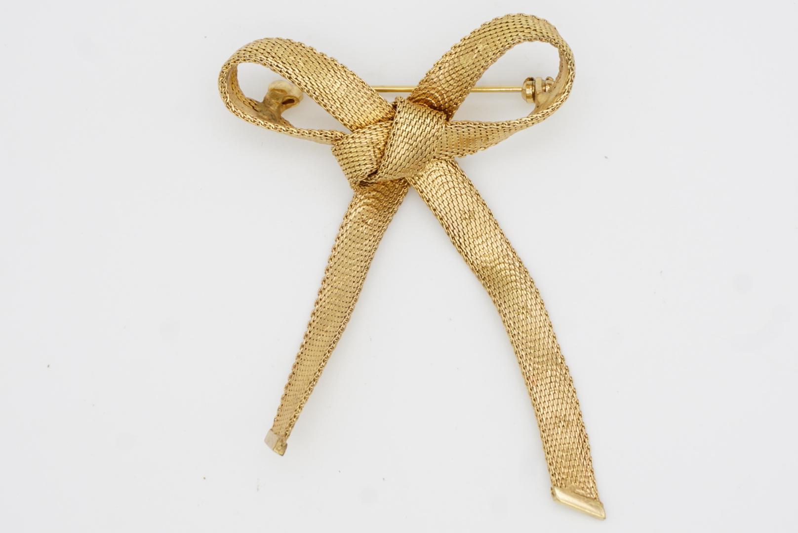 Christian Dior 1965 Vintage Long Knot Bow Ribbon Star Relief Mesh Gold Brooch 2