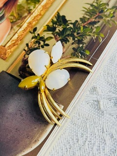 Christian Dior 1965 Vintage White Milky Opal Olive Green Flower Cabochon Brooch