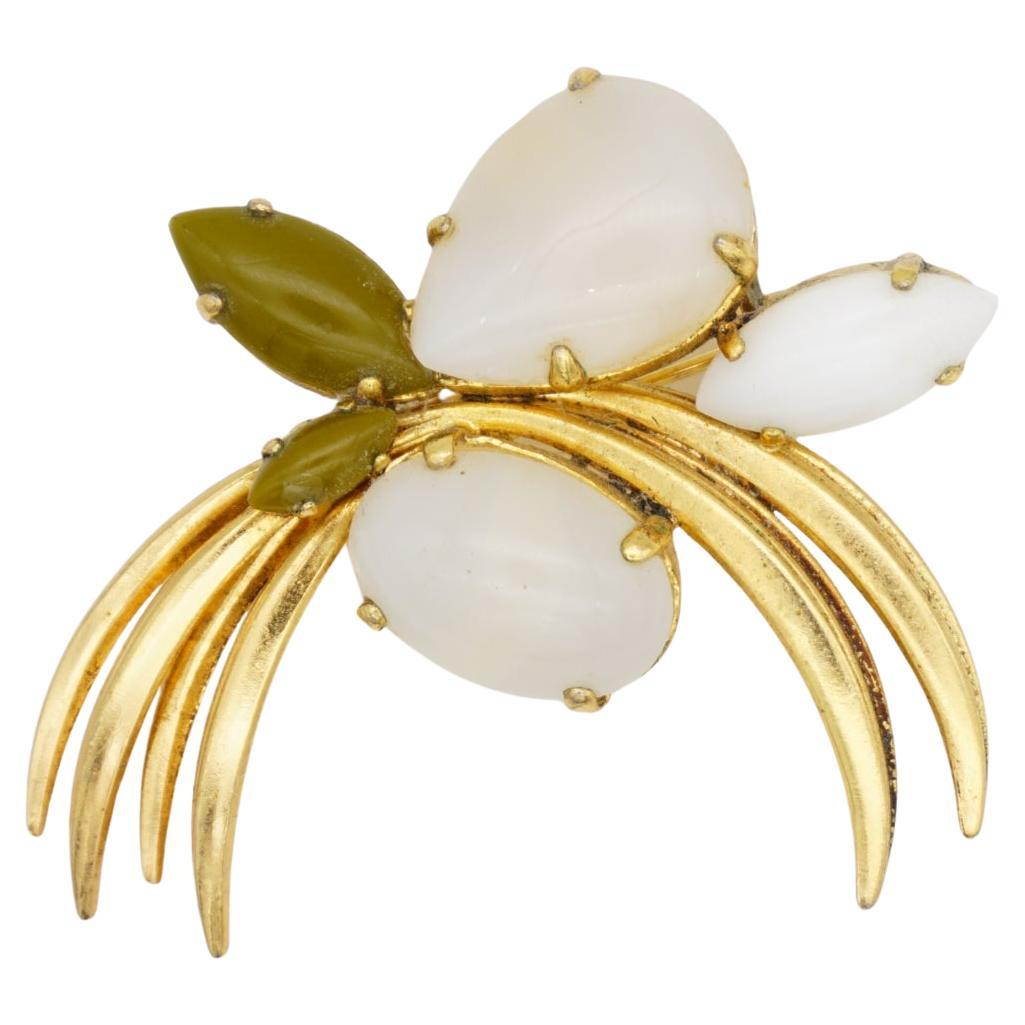 Christian Dior 1965 Vintage White Milky Opal Olive Green Flower Cabochon Spilla
