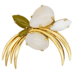 Christian Dior 1965 Vintage White Milky Opal Olive Green Flower Cabochon Brooch
