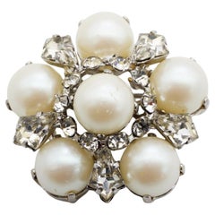 Christian Dior 1965 Vintage White Pearls Crystals Floral Openwork Domed Brooch