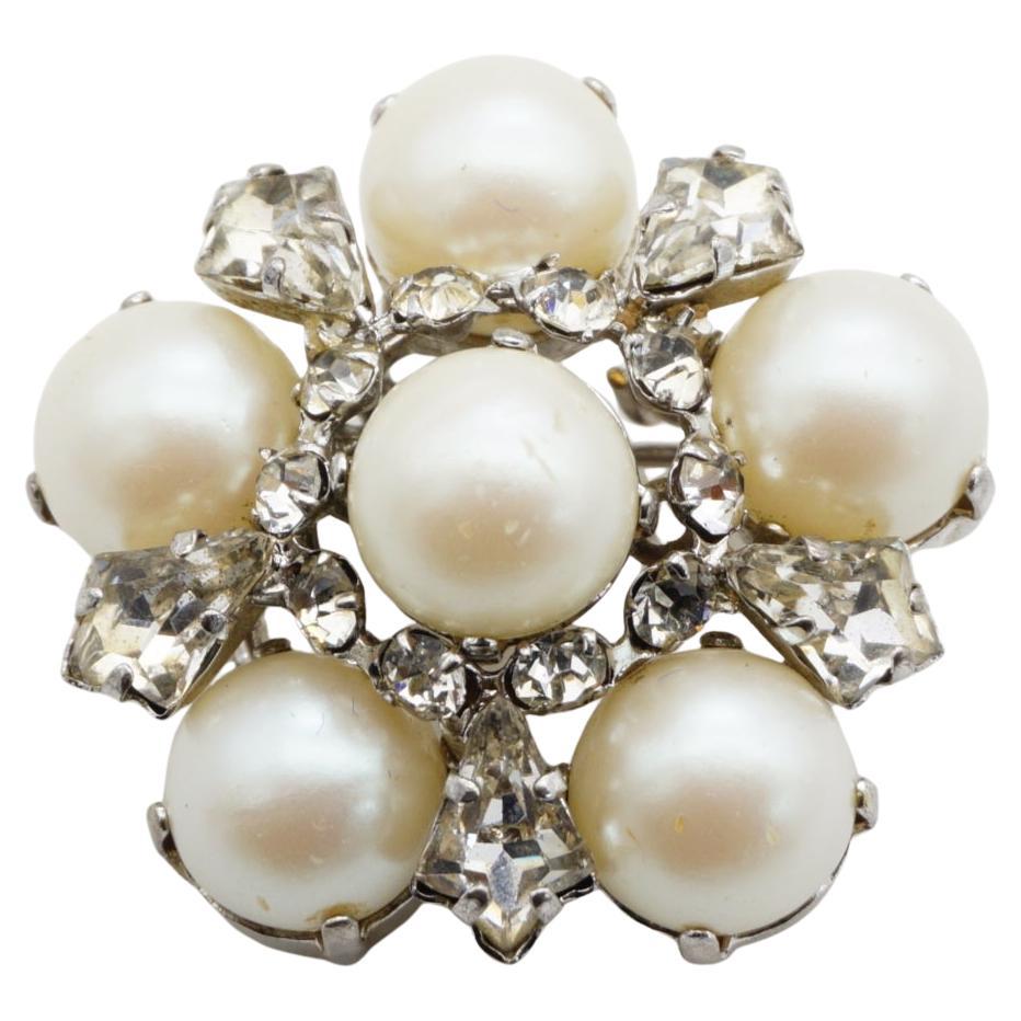 Christian Dior 1965 Vintage White Pearls Crystals Openwork Floral Dome Brooch