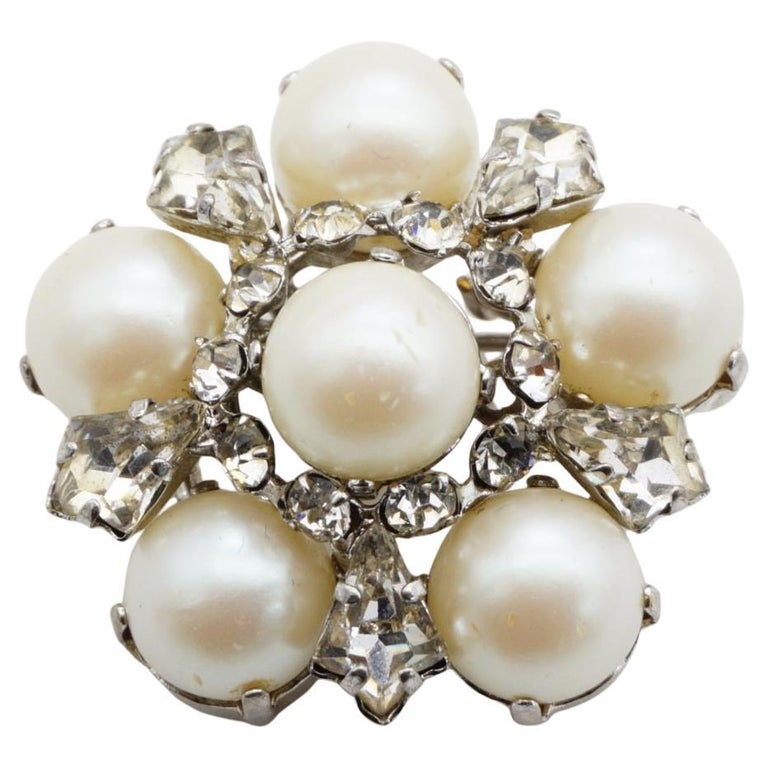 Broche Vintage Argentée Avec Perles Et Cristaux - Bijou Ancien à Effet Diamant Noir