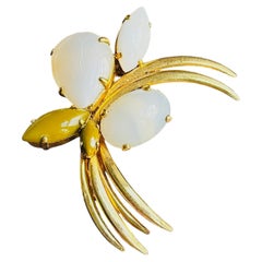 Christian Dior 1965 White Milky Opal Olive Green Flower Cabochon Gold Brooch