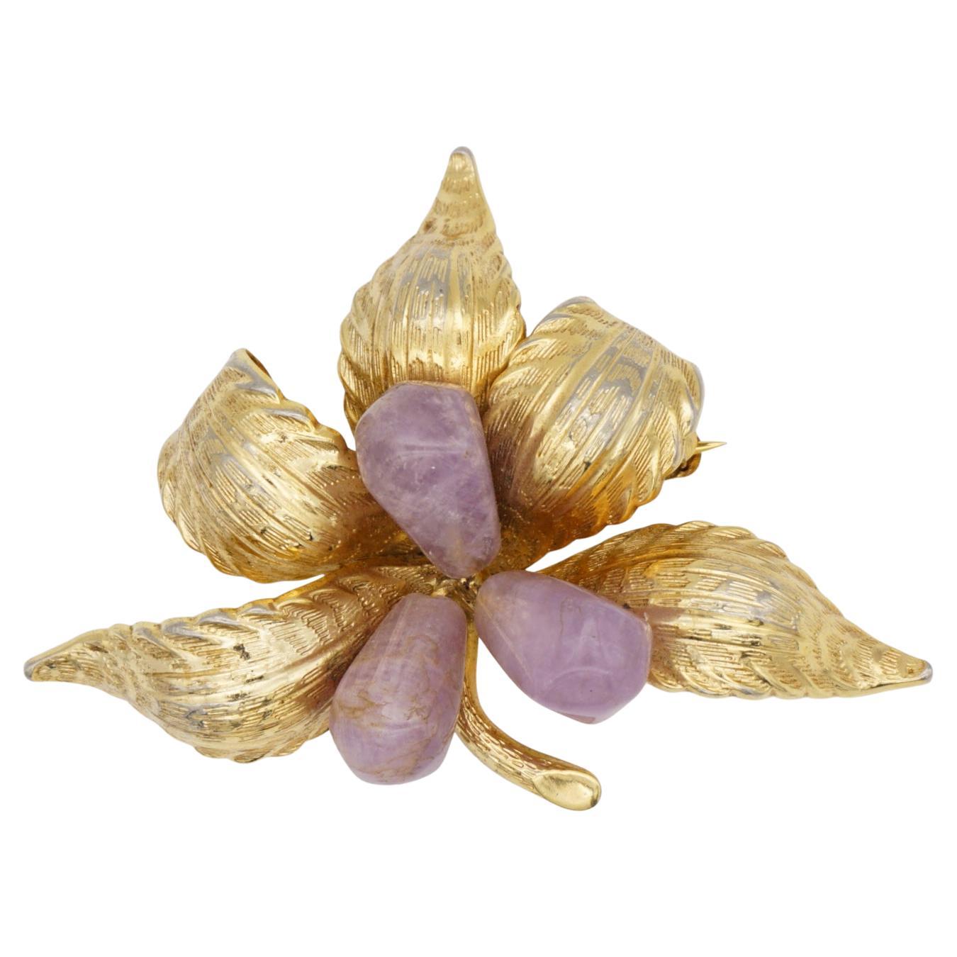 Christian Dior 1966 GROSSE Vintage Flieder Amethyst Gold Blume Blatt Stein Brosche