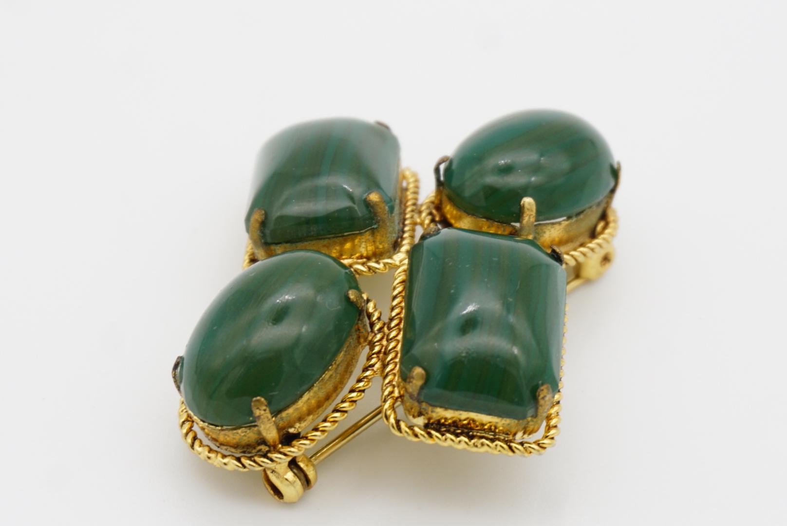 Christian Dior 1966 Vintage Four Dark Green Emerald Oval Rectangle Gold Brooch For Sale 5