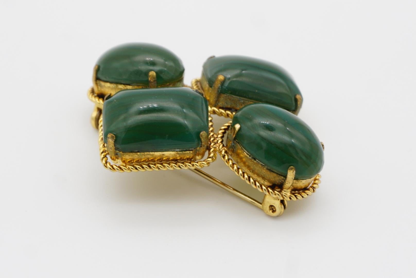 Christian Dior 1966 Vintage Four Dark Green Emerald Oval Rectangle Gold Brooch For Sale 6