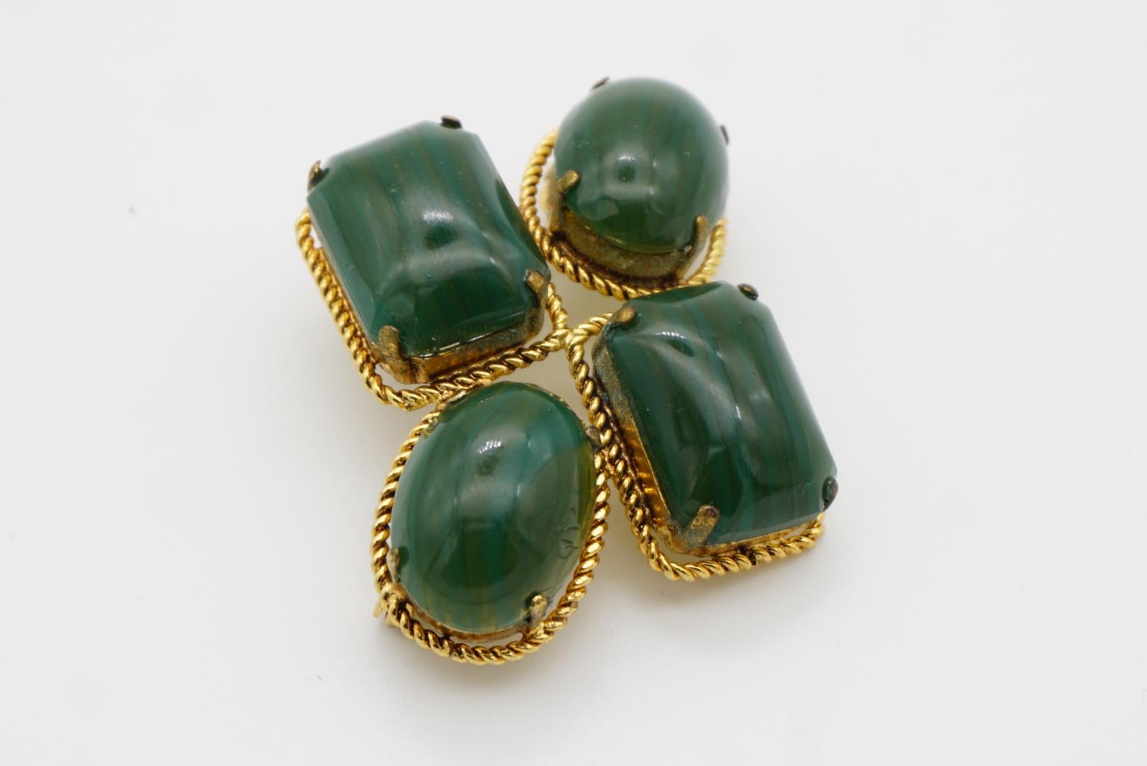Christian Dior 1966 Vintage Four Dark Green Emerald Oval Rectangle Gold Brooch For Sale 7