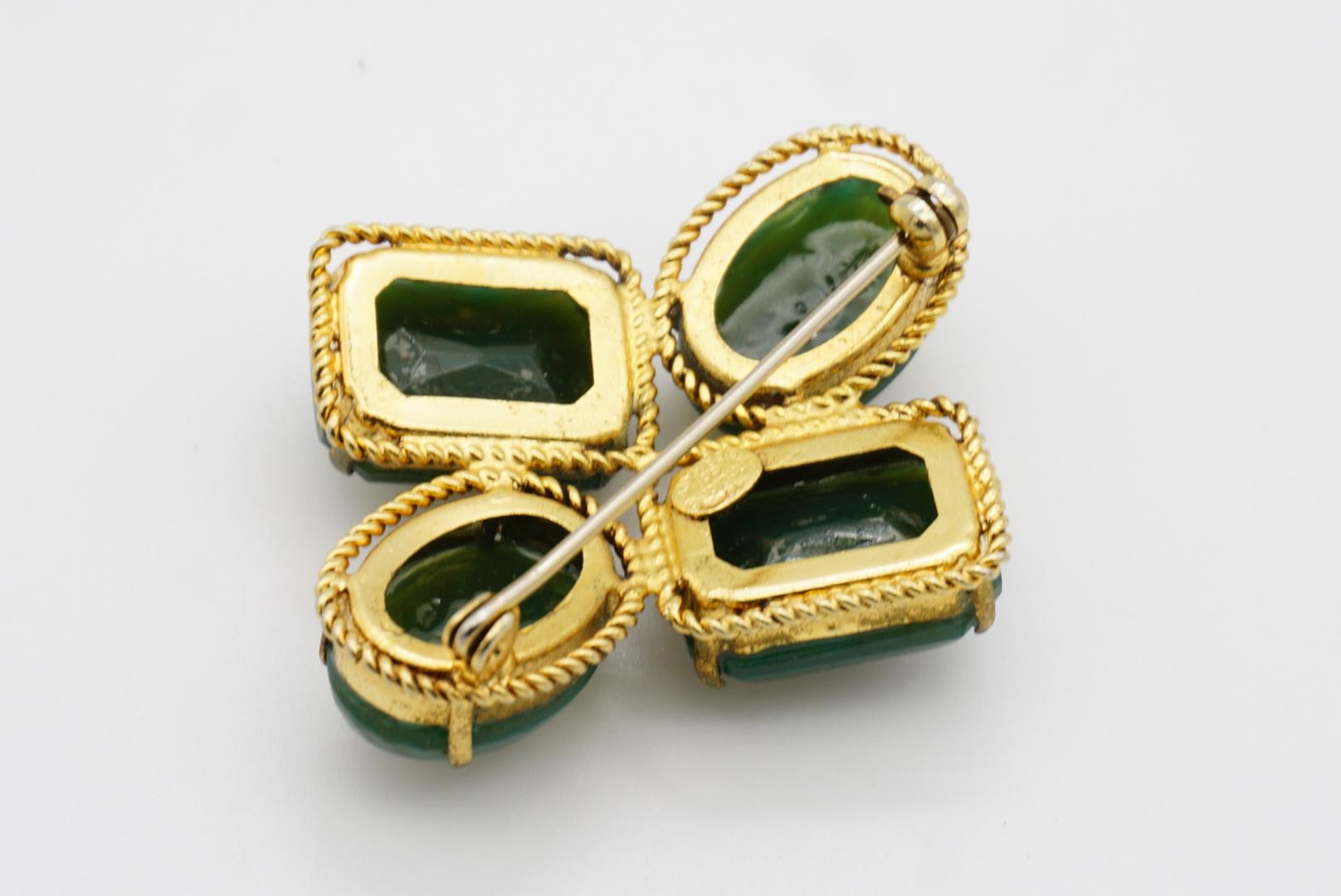 Christian Dior 1966 Vintage Four Dark Green Emerald Oval Rectangle Gold Brooch For Sale 8