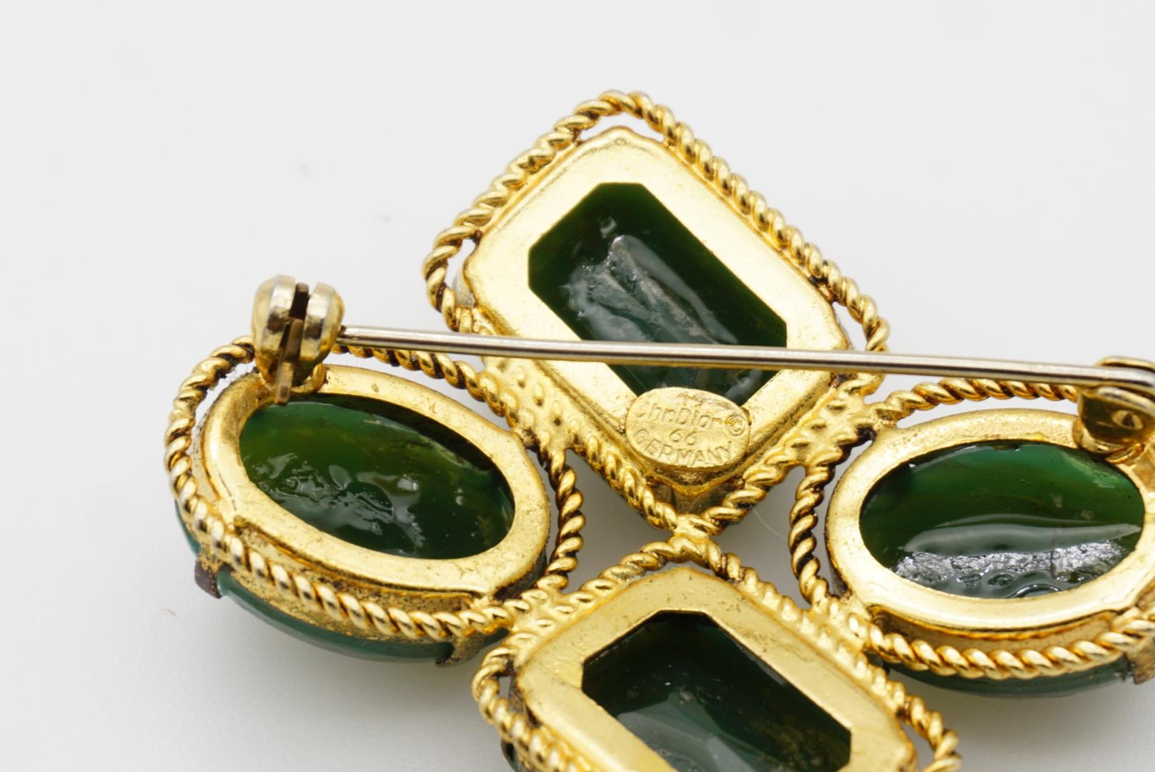 Christian Dior 1966 Vintage Four Dark Green Emerald Oval Rectangle Gold Brooch For Sale 9