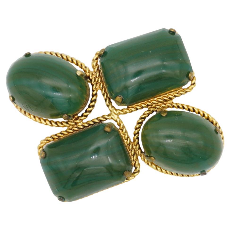 Christian Dior 1966 Vintage Four Dark Green Emerald Oval Rectangle Gold Brooch For Sale