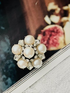 Christian Dior 1966 Vintage White Pearls Crystals Openwork Floral Domed Brooch