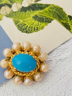 Christian Dior 1968 Vintage Gold Turquoise Blue White Pearls Cabochon Brooch