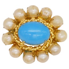 Christian Dior 1968 Vintage Gold Turquoise Blue White Pearls Cabochon Brooch