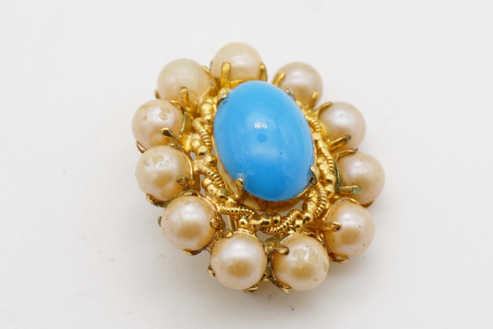 Christian Dior 1968 Vintage Türkis Blau Cabochon Weiß Perlen Blumenbrosche im Angebot 5