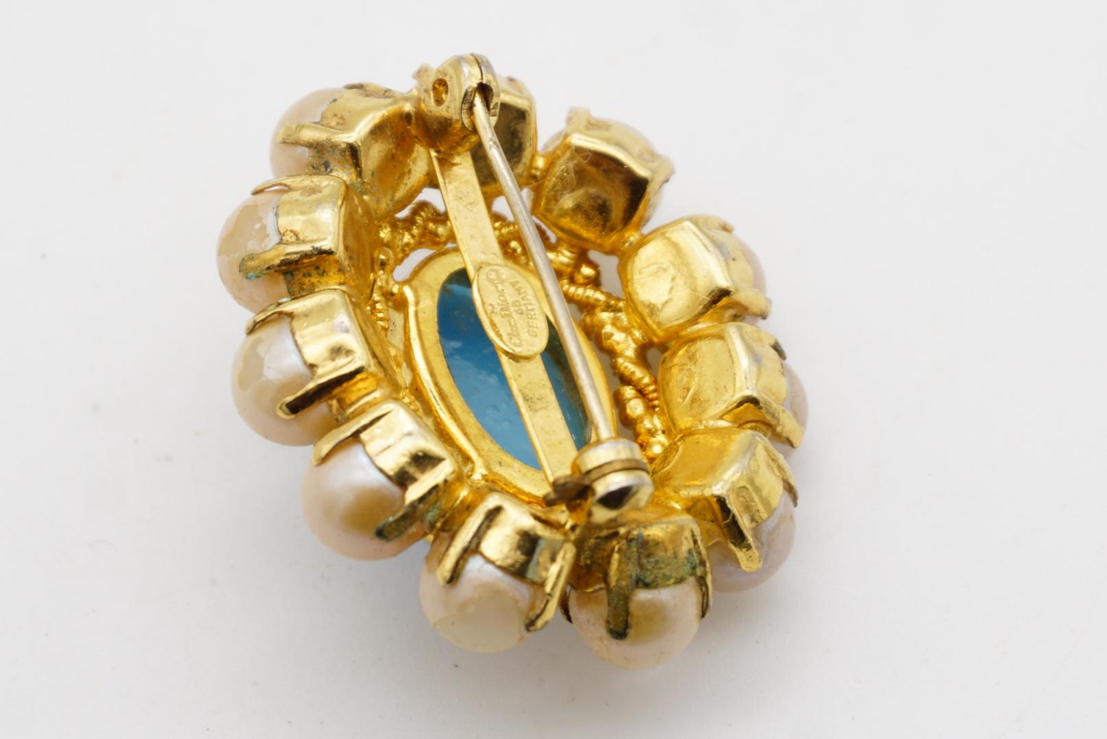 Christian Dior 1968 Vintage Türkis Blau Cabochon Weiß Perlen Blumenbrosche im Angebot 6