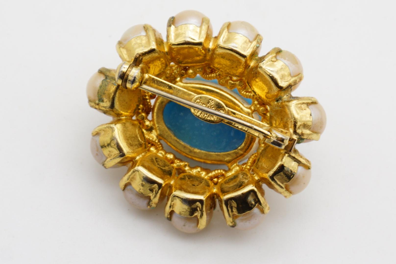 Christian Dior 1968 Vintage Türkis Blau Cabochon Weiß Perlen Blumenbrosche im Angebot 7