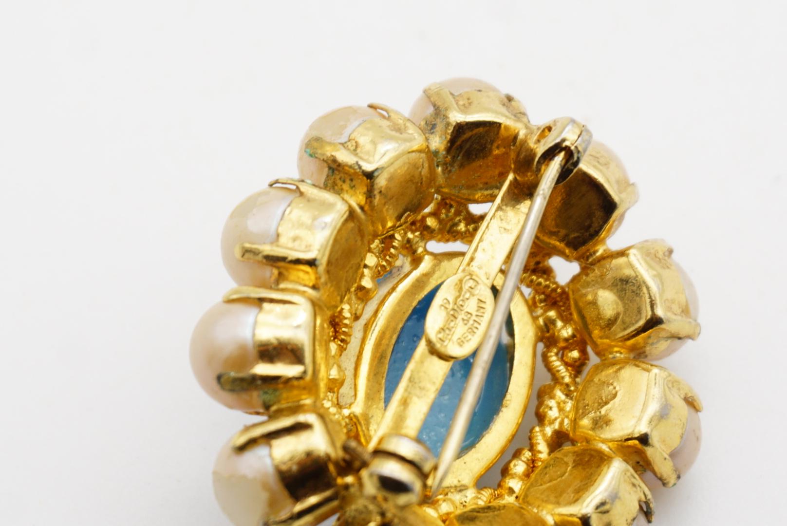 Christian Dior 1968 Vintage Türkis Blau Cabochon Weiß Perlen Blumenbrosche im Angebot 8