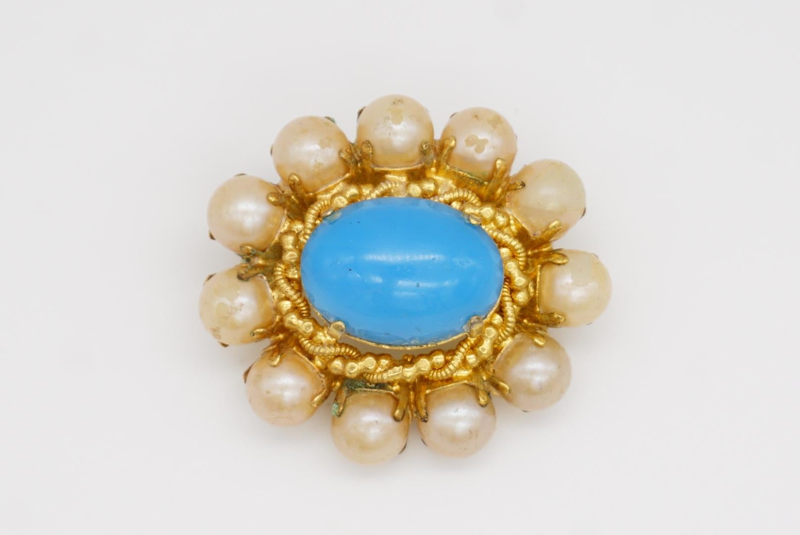 Christian Dior 1968 Vintage Türkis Blau Cabochon Weiß Perlen Blumenbrosche im Angebot 2