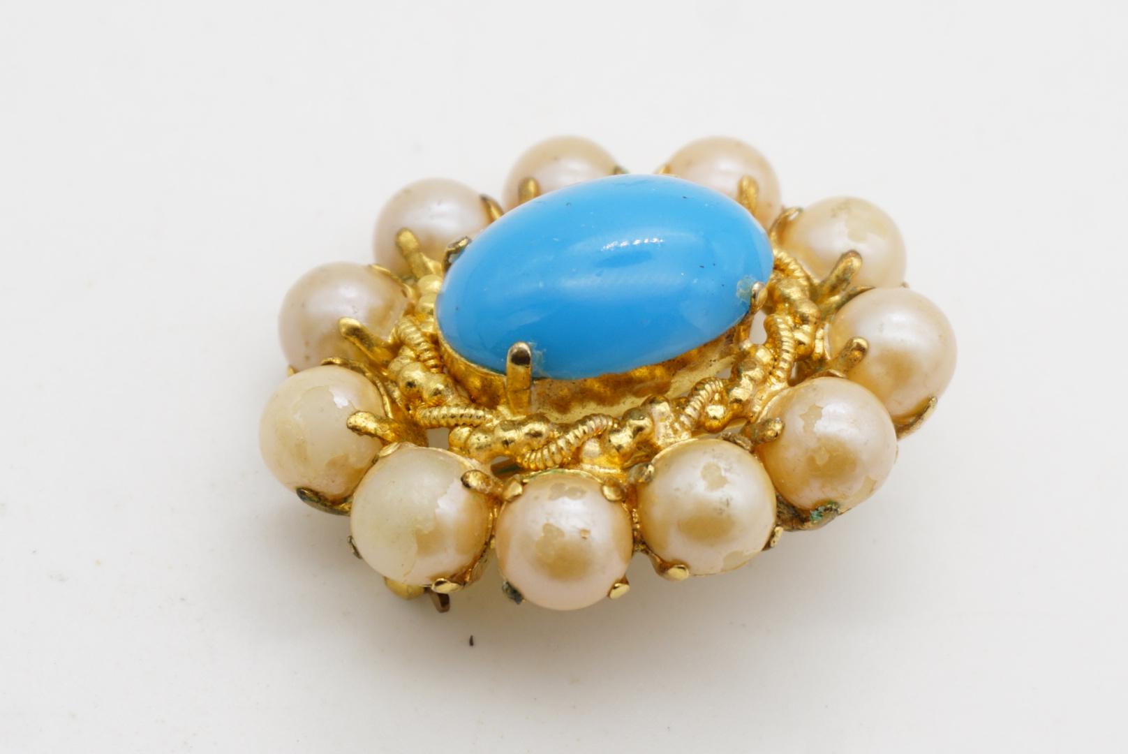 Christian Dior 1968 Vintage Türkis Blau Cabochon Weiß Perlen Blumenbrosche im Angebot 4