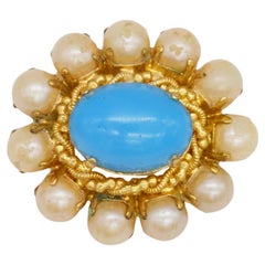 Christian Dior 1968 Vintage Turquoise Blue Cabochon White Pearls Flower Brooch