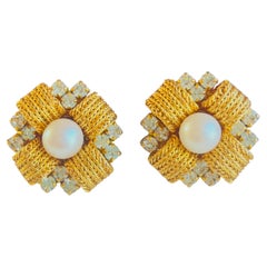 Christian Dior 1969 Vintage Gold White Pearl Cross Woven Mesh Flower Earrings