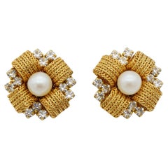 Christian Dior 1969 Vintage Pearl Crystal Woven Mesh Cross Flower Clip Earrings
