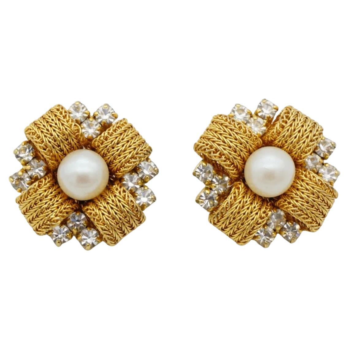 Christian Dior 1969 Vintage Pearl Crystal Woven Mesh Cross Flower Clip Earrings For Sale