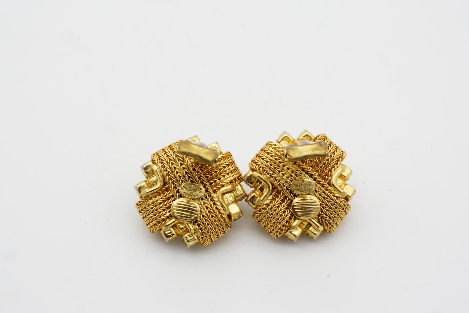 Christian Dior 1969 Vintage Woven Cross Pearl Crystal Flower Clip Gold Earrings For Sale 7