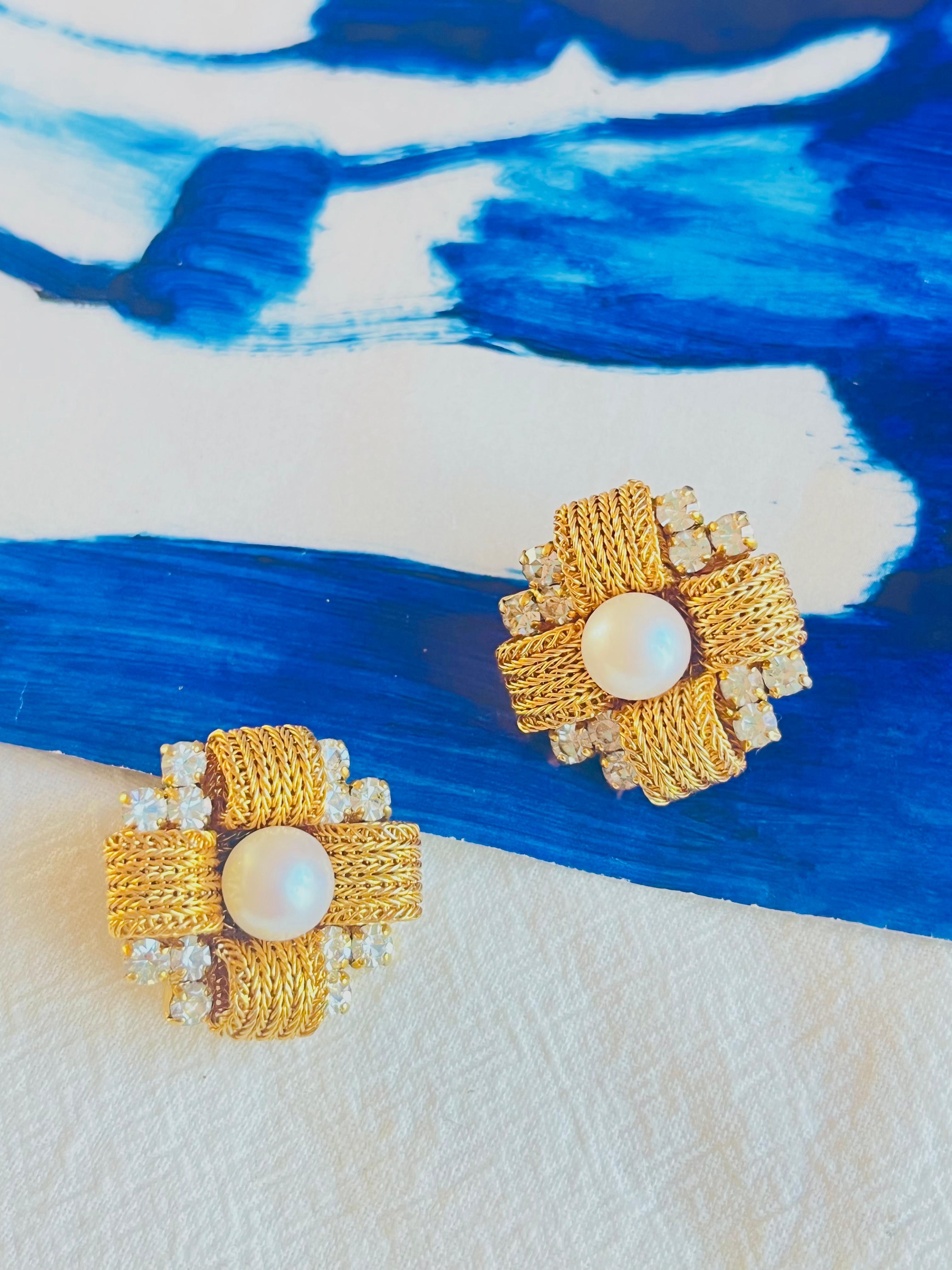 Classical Greek Christian Dior 1969 Vintage Woven Cross Pearl Crystal Flower Clip Gold Earrings For Sale