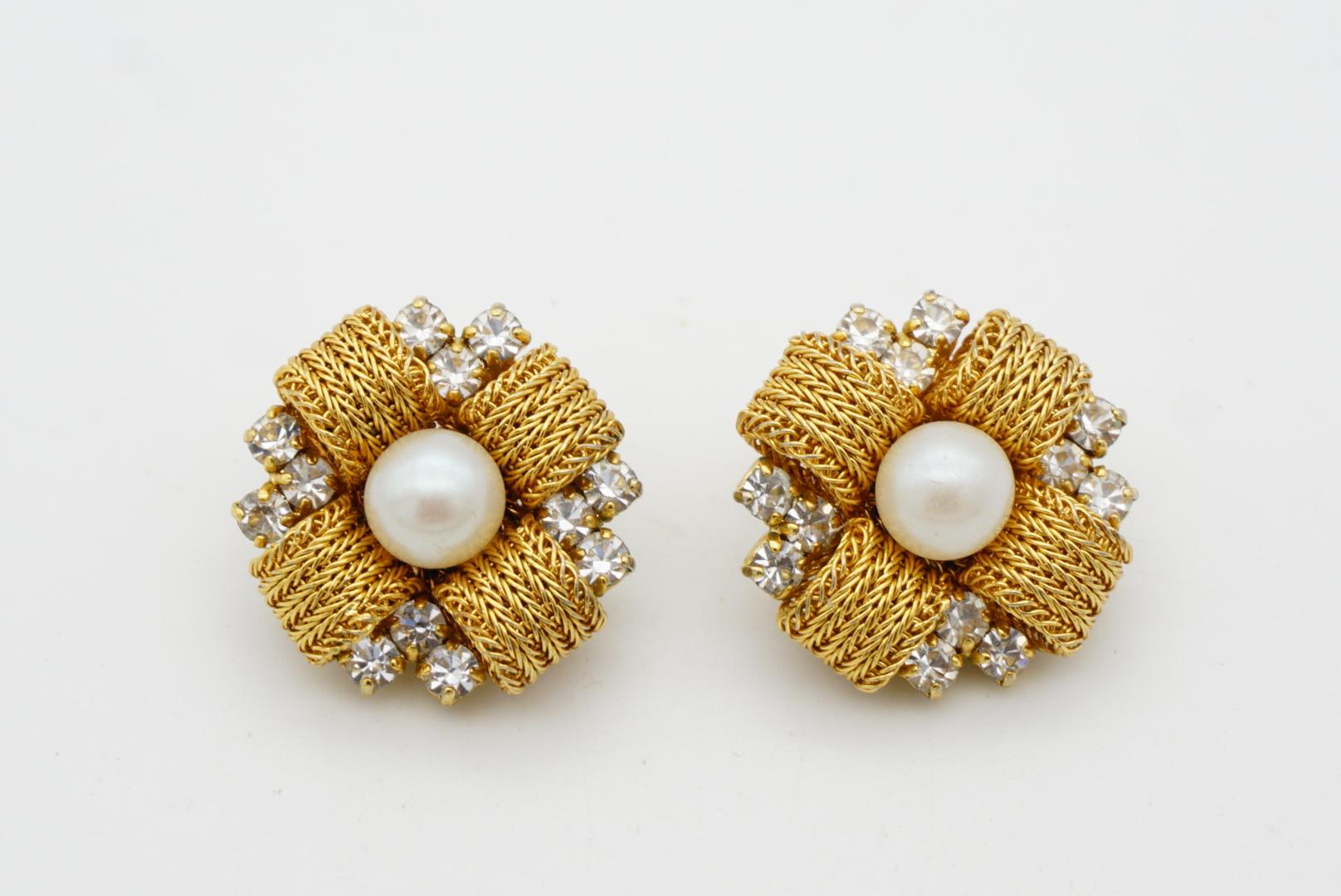 Christian Dior 1969 Vintage Woven Cross Pearl Crystal Flower Clip Gold Earrings For Sale 2