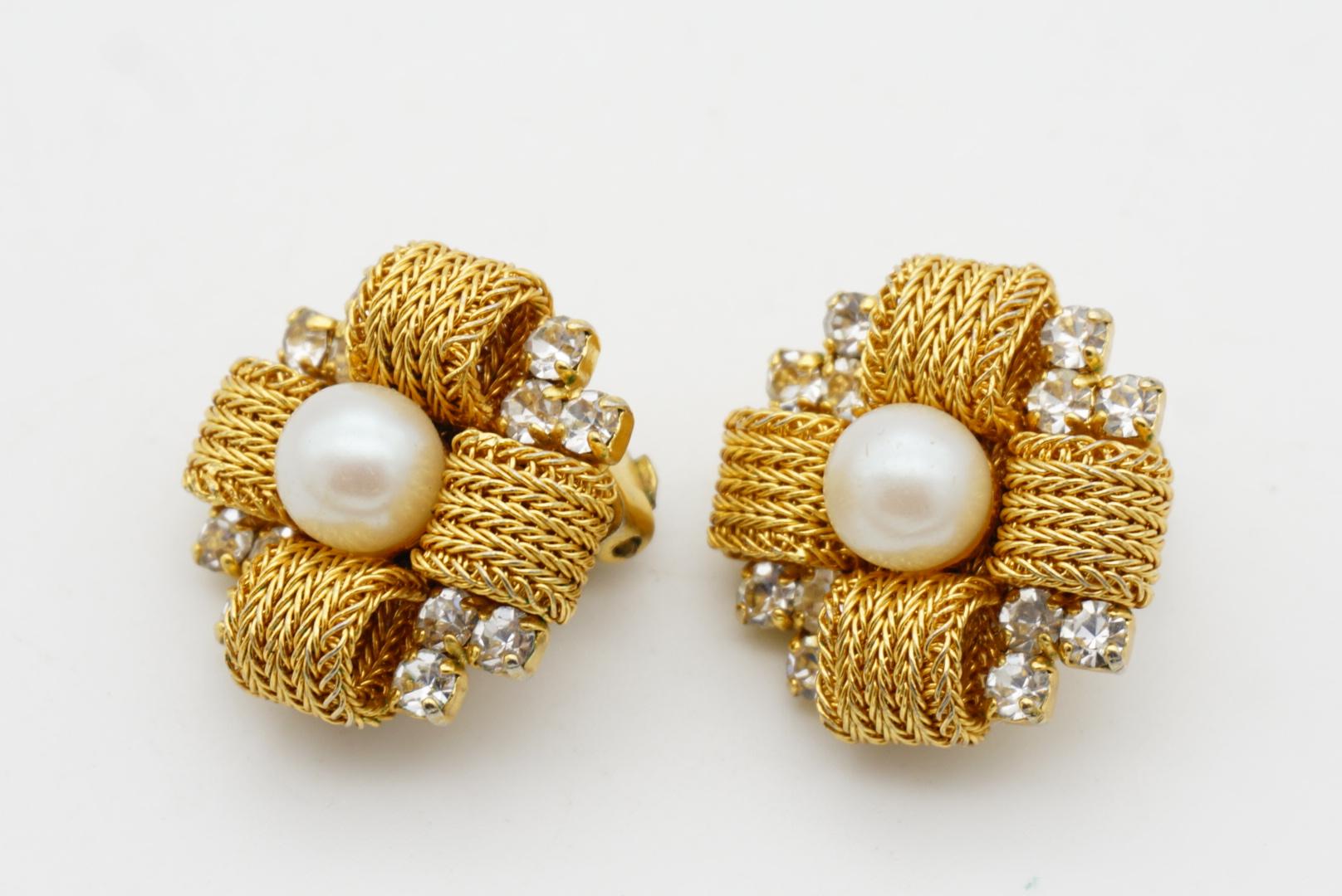 Christian Dior 1969 Vintage Woven Cross Pearl Crystal Flower Clip Gold Earrings For Sale 3