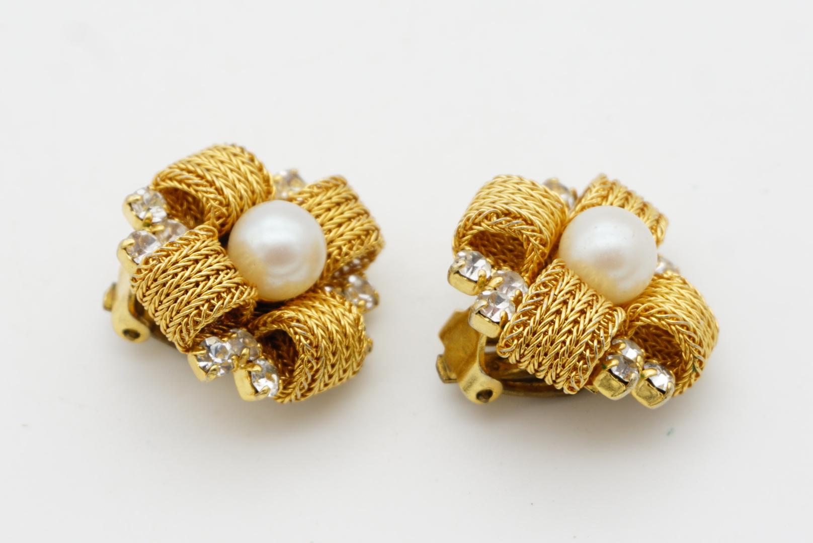 Christian Dior 1969 Vintage Woven Cross Pearl Crystal Flower Clip Gold Earrings For Sale 4