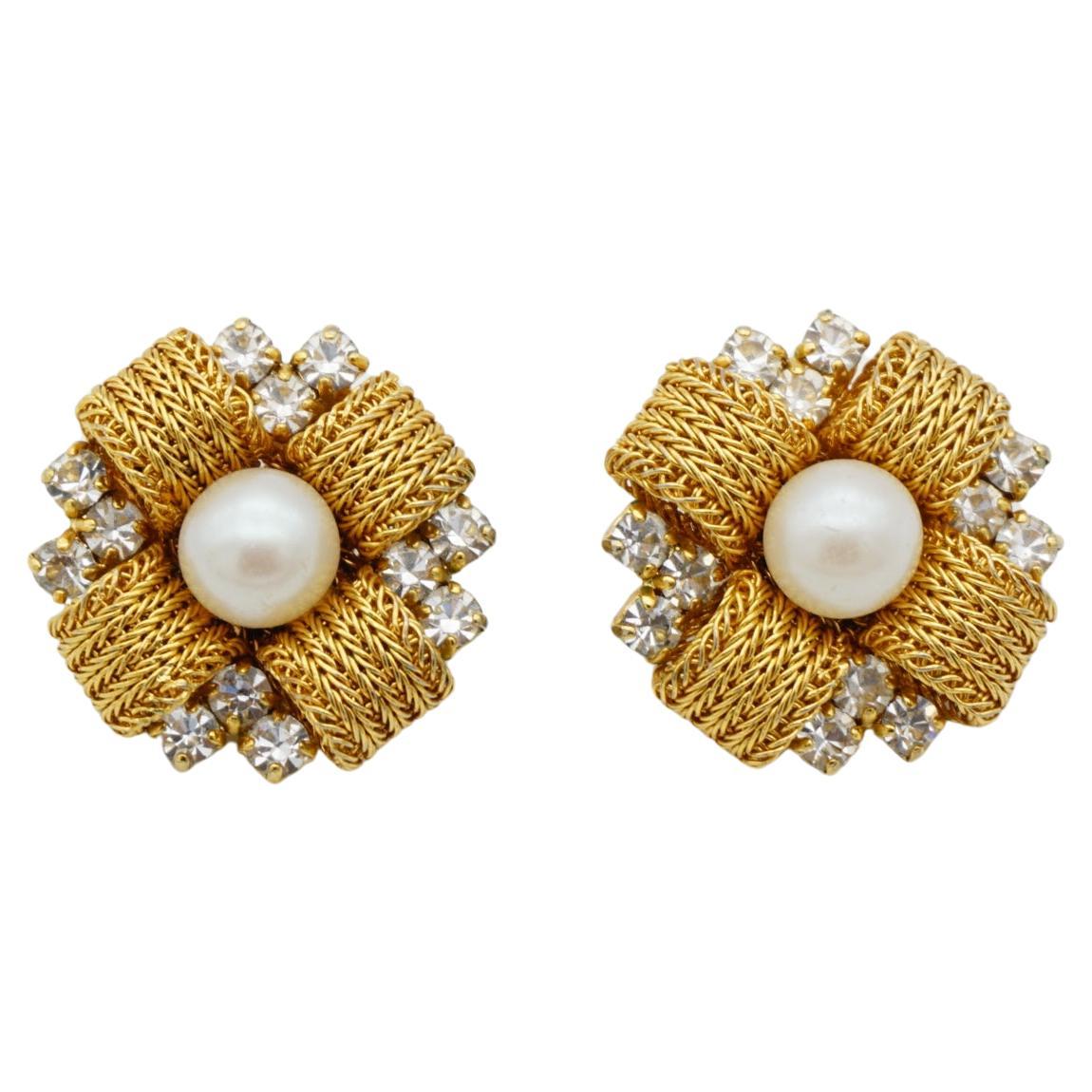 Christian Dior 1969 Vintage Woven Cross Pearl Crystal Flower Clip Gold Earrings For Sale