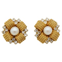 Christian Dior 1969 Retro Woven Cross Pearl Crystal Flower Clip Gold Earrings