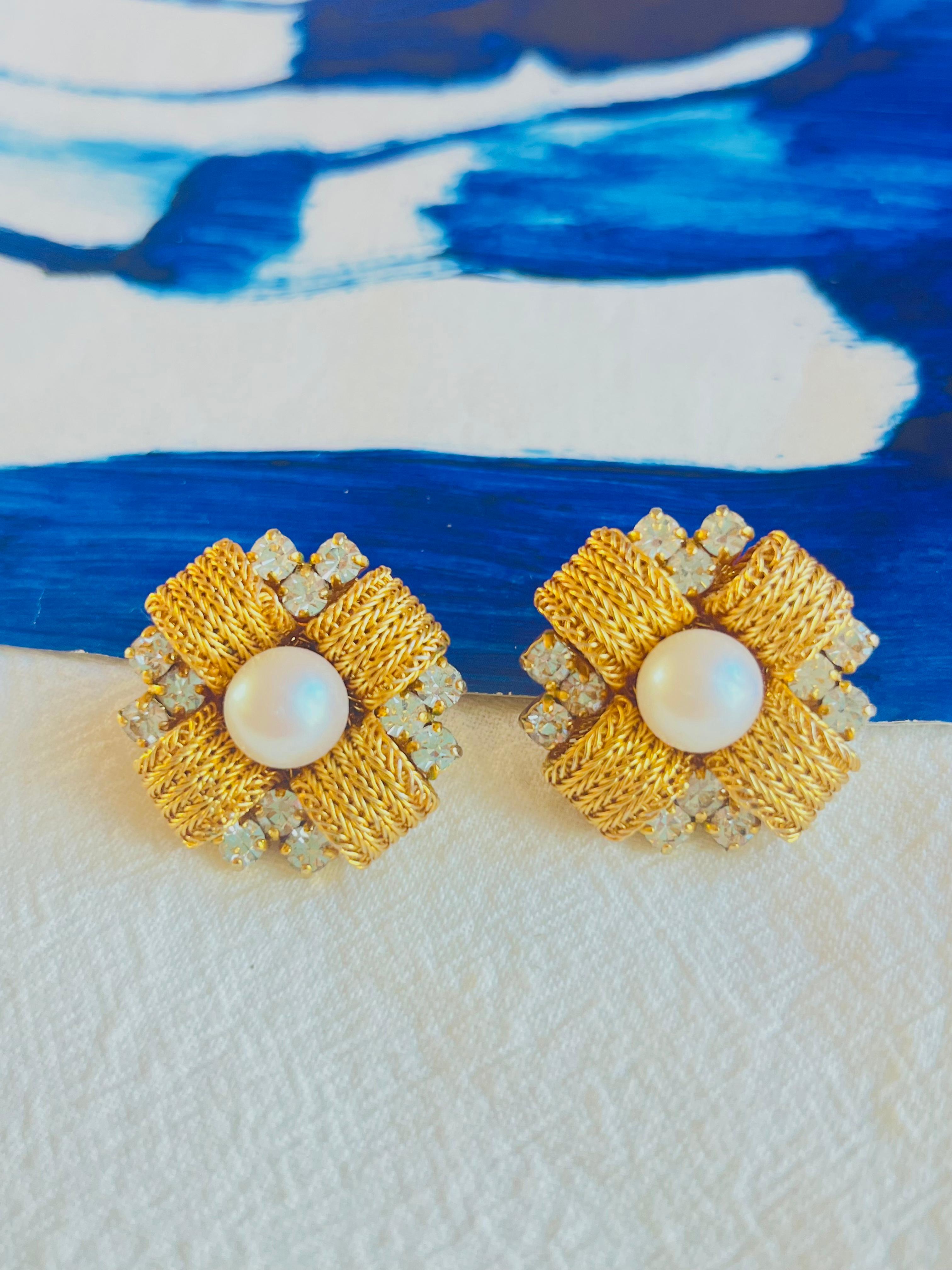 Art Deco Christian Dior 1969 Vintage Woven Mesh Cross Pearl Crystal Flower Clip Earrings