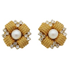 Christian Dior 1969 Vintage Woven Mesh Cross Pearl Crystal Flower Clip Earrings