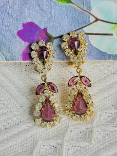 Boucles d'oreilles Christian Dior 1970 Améthyste violette cristaux goutte d'eau fleur feuille