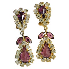 Christian Dior 1970 Amethyst Purple Water Drop Crystals Leaf Flower Earrings