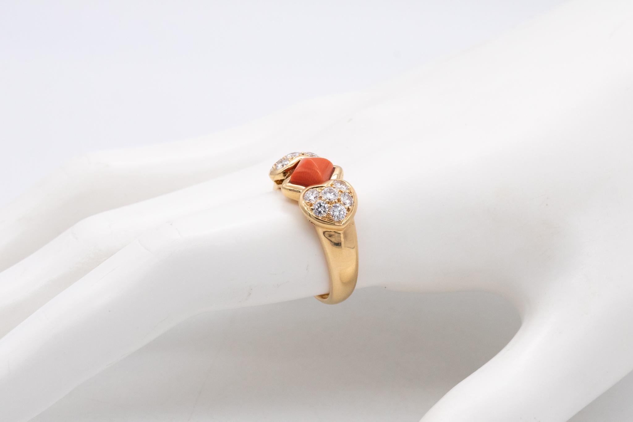 Modernist Christian Dior 1970 Paris Ring 18 Karats Gold with 1.96 Ctw Diamonds and Coral For Sale