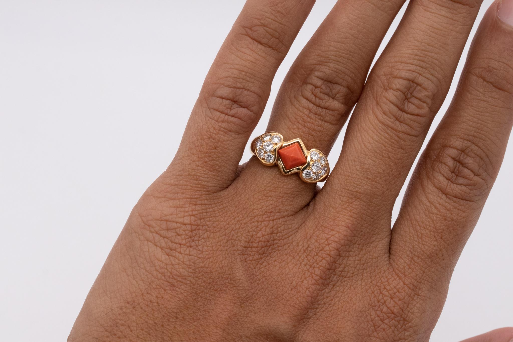 Brilliant Cut Christian Dior 1970 Paris Ring 18 Karats Gold with 1.96 Ctw Diamonds and Coral For Sale